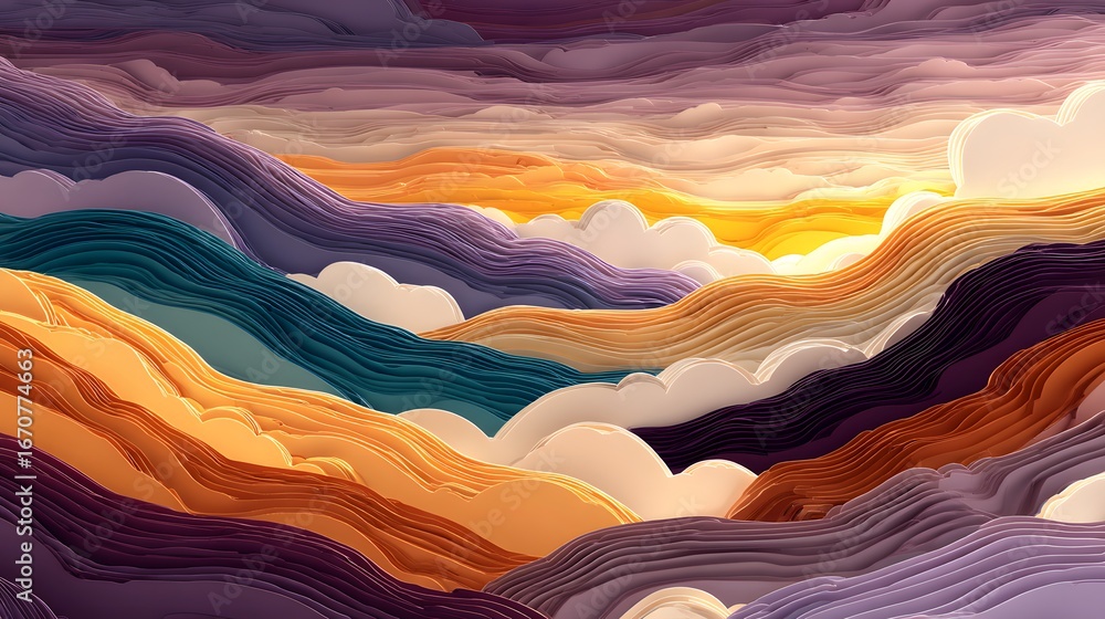 Poster a layered landscape of undulating hills and clouds, showcasing a vibrant array of warm and cool colo