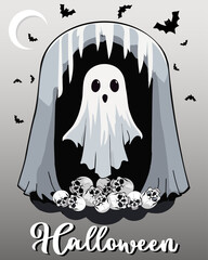 Illustration with a ghost and skulls.Vector halloween illustration with white ghost, skulls on grey background with bats and text.