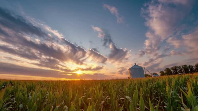 Cloud Formations Above Cornfield During Sunrise with Silo in the Landscape