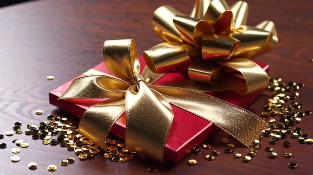 Top-Down Perspective of Wrapped Parcel Accompanied by Metallic Sparkly Confetti on Surface