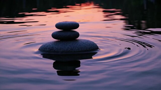 Balanced stones placed on tranquil water at day's end, symbolizing spa-like serenity and balance