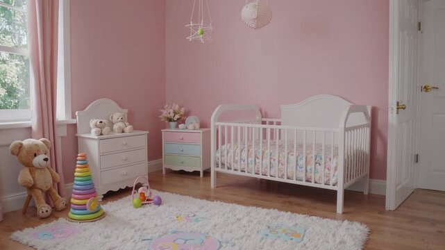Decorated Infant Room with Pink Wall Background Baby Mat Carpet and Child Furniture