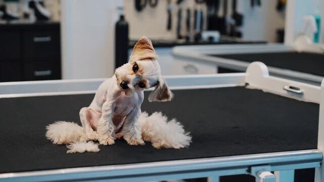 dog pet puppy portrait cute table grooming salon haircut trimmed fur hair looking camera 