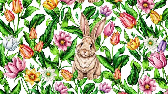 Seamless Pattern of Easter Rabbit with Floral and Foliage Motifs. Spring-Themed Repetitive Design, Joyous Easter