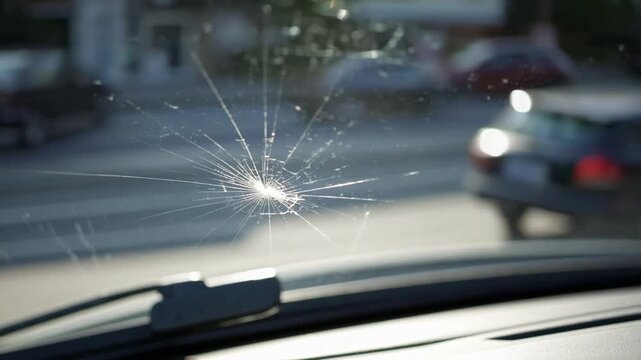 Close-Up Point-of-View Shot from Inside Vehicle of Rock Impact Damage on the Windshield