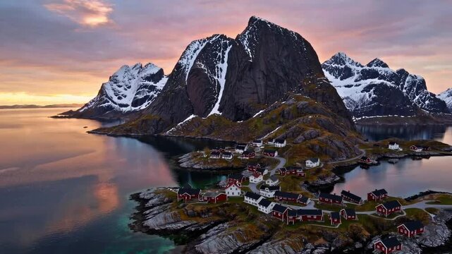 Vernal dusk scenery - Picturesque fishing village, Arctic archipelago