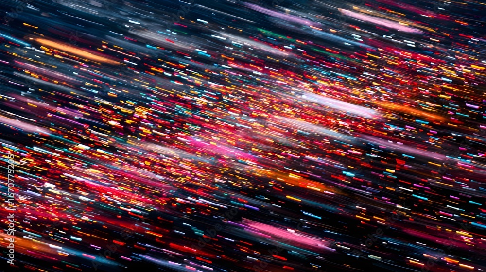 Poster a vibrant display of streaks of light in a dynamic composition of warm and cool colors.