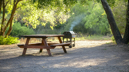 Picnic table and grill in a wooded campground. Peaceful outdoor setting.