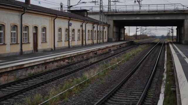 Railway station in Krsko viewed from overpass looking southward with some empty tracks visible before renovation