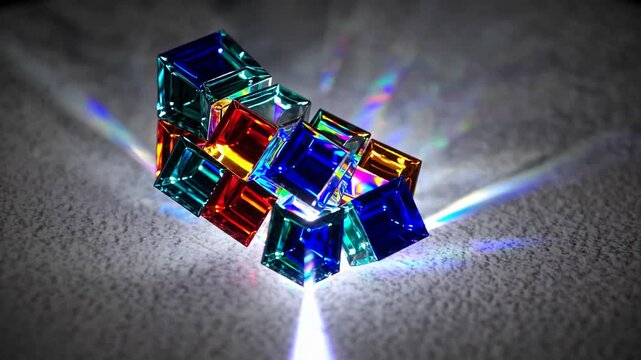 Polychromatic glass prism dispersing singular light beam into vibrant array of spectral hues