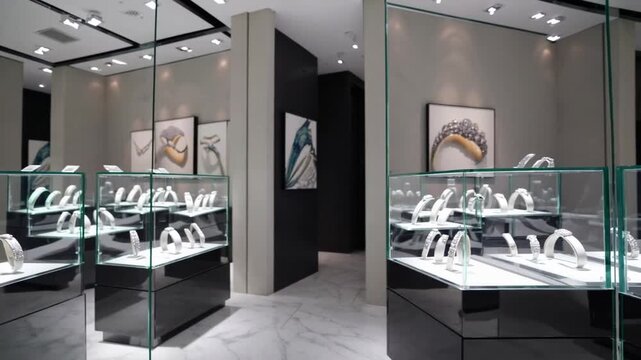 The inside layout and decoration of contemporary establishment retailing precious metal and gemstone adornments