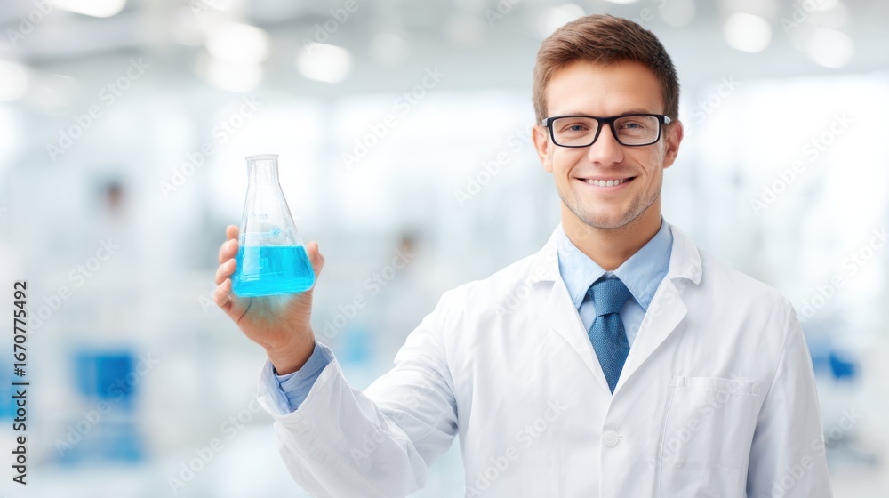Poster lab technician conducts experiment with blue liquid in flask, showcasing dedication and expertise in