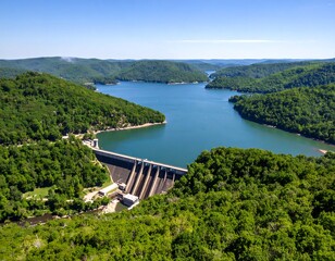 High-angle view of a dam and reservoir nestled in a valley