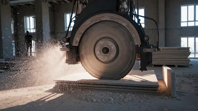 Industrial equipment for cutting stone and tile at construction site, featuring circular saw