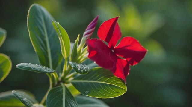 Crimson periwinkle blossom flowering during the early hours