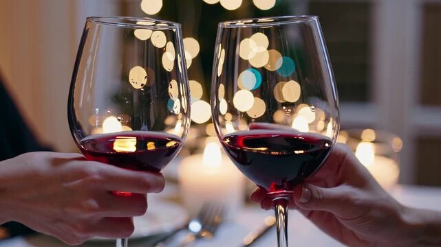 intimate close-up graph of two individuals toasting with wine glasses during meal