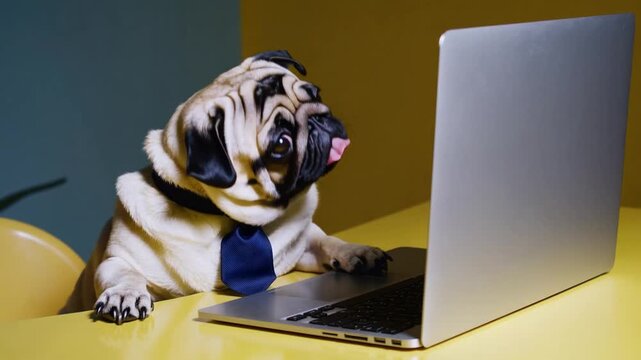 Portrait of Happy Pug Breed Dog Dressed as Office Worker with Tie and Looking at Laptop