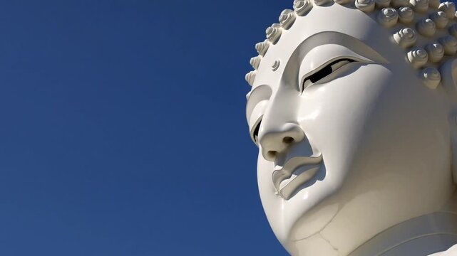 Sculpted representation of enlightened being's cranium positioned before azure celestial expanse