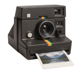 A classic black retro Polaroid instant camera with a rainbow stripe printing a scenic landscape photo, Isolated on Transparent and White Background