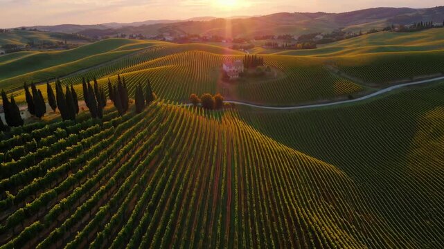 breathtaking aerial drone view capturing the golden hour sunlight over vast and rolling vineyards