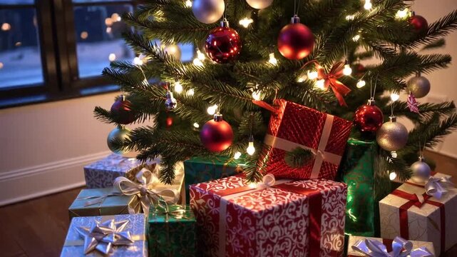 Adorned seasonal tree with associated presents in interior space with view