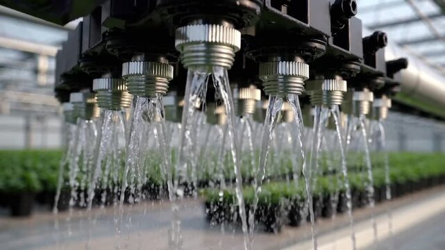 The inside of agricultural building with managed watering system for plant cultivation