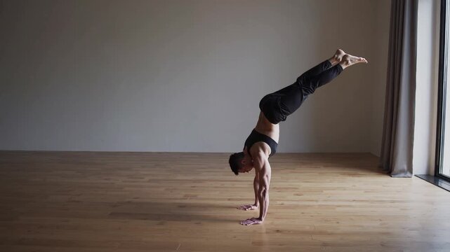 Yoga Practitioner Performing Difficult Handstand Balance Pose