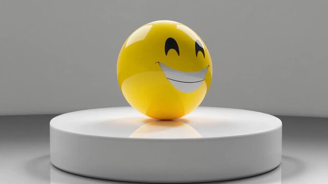 Three-Dimensional Rendered Graphic of Expressive Smiling Face Emoticon on First-Place Winner's Stand