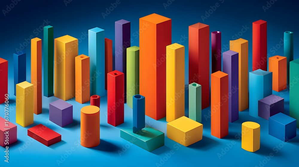 Poster colorful geometric shapes arranged in a dynamic display against a deep blue background, evoking a se