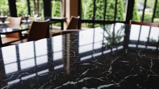 Unoccupied Dark Stone Surface and Blurred View of Indoor Eating Establishment with Garden Windows