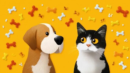 Animated dog and cat duo in a playful dance among colorful bones on bright yellow background