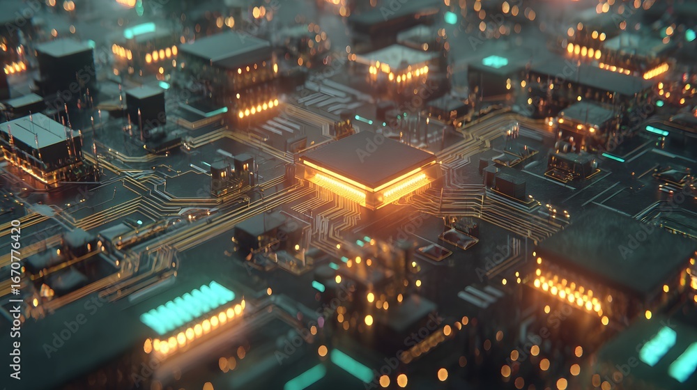 Poster high-tech circuit board design with glowing components and intricate pathways reveals a futuristic a