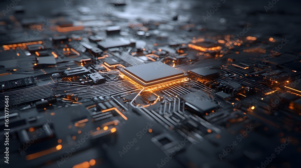 Poster a detailed close-up view of a complex circuit board, highlighting intricate pathways and a central p