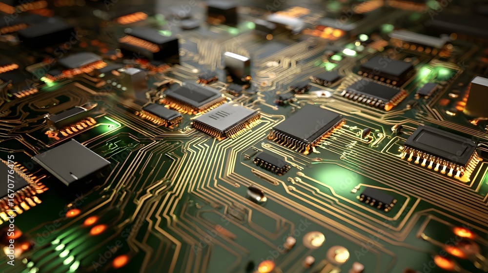 Poster a close-up view of a complex circuit board, highlighting intricate connections and electronic compon