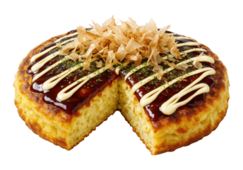 Japanese Modan-yaki noodle pancake with okonomi sauce, mayonnaise, and bonito flakes, Isolated on Transparent and White Background