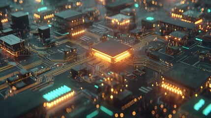 Obraz premium High-tech circuit board design with glowing components and intricate pathways reveals a futuristic and complex technological system.