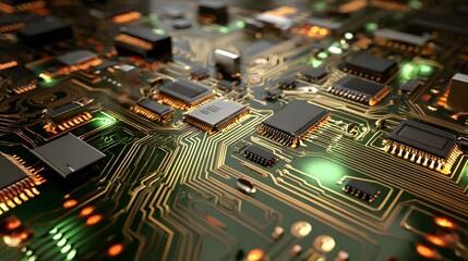 Obraz premium A close-up view of a complex circuit board, highlighting intricate connections and electronic components. The image showcases a detailed surface texture and bright, glowing components.