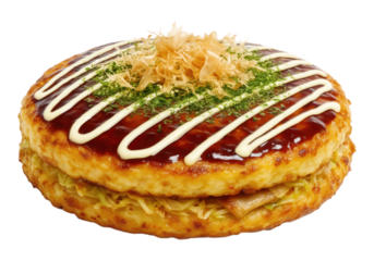 Authentic Okonomiyaki, a Japanese savory pancake topped with sauce, mayonnaise, aonori, and bonito flakes, Isolated on Transparent and White Background