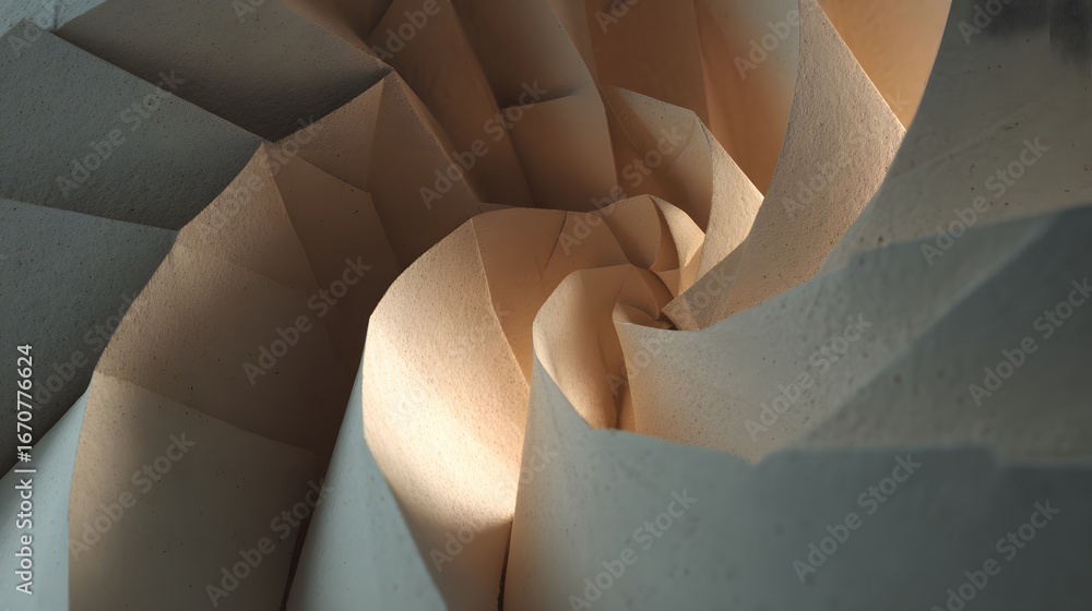 Poster abstract design with a complex, layered structure of light beige and muted gray tones, creating a ca