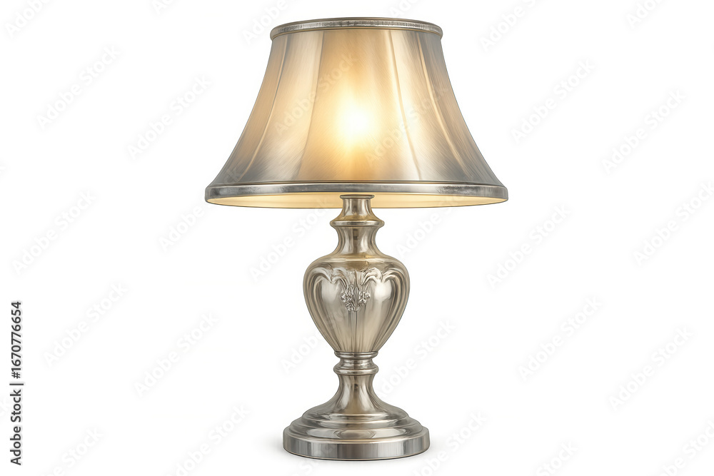 Poster silver table lamp casting soft glow, illuminating minimalist workspace with clean white backdrop