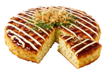 Delicious Japanese Okonomiyaki pancake with sauce, mayo, and katsuobushi, with one slice cut out, Isolated on Transparent and White Background
