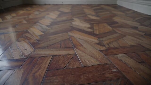 Empty Room with Wooden Parquet Floor Before Renovation Work Begins
