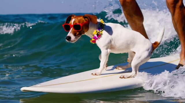 Canine Surfing on Ocean Wave, Jack Russell Terrier Wearing Stylish Sunglasses and Floral Lei on Summer Beach Holiday