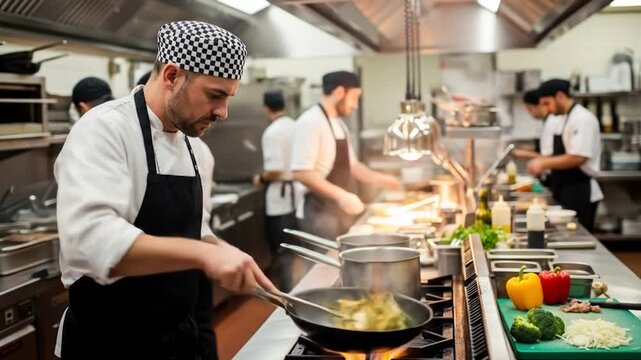 Busy kitchen chefs cook, stir fry, & steam Stainless steel and fresh ingredients galore