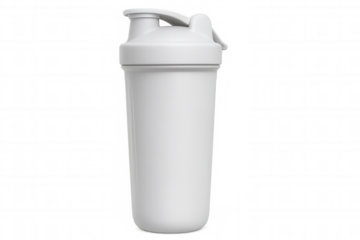 Close-up white protein shaker featuring flip-top lid, standing against transparent backdrop, prepared for custom branding