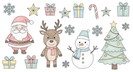 Fototapeta premium Festive Christmas illustrations of Santa Claus, reindeer, snowman, Christmas tree, gifts, stars, and snowflakes in pastel colors.