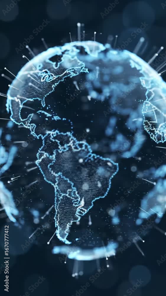 Poster a mesmerizing, intricate digital sphere with luminous blue and white particle trails slowly rotates,