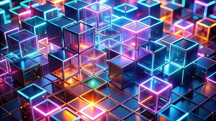 Abstract Glowing Cubic Structures with Neon Edges and Reflective Surfaces for Modern Design