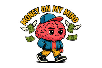 Colorful cartoon brain character walking with money mindset in mind during a playful urban setting