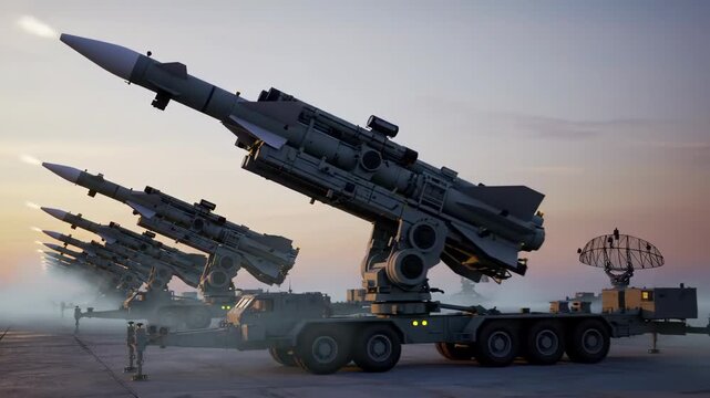 Missile Launchers on Military Vehicles Ready for Action at Dawn, Foggy Airfield